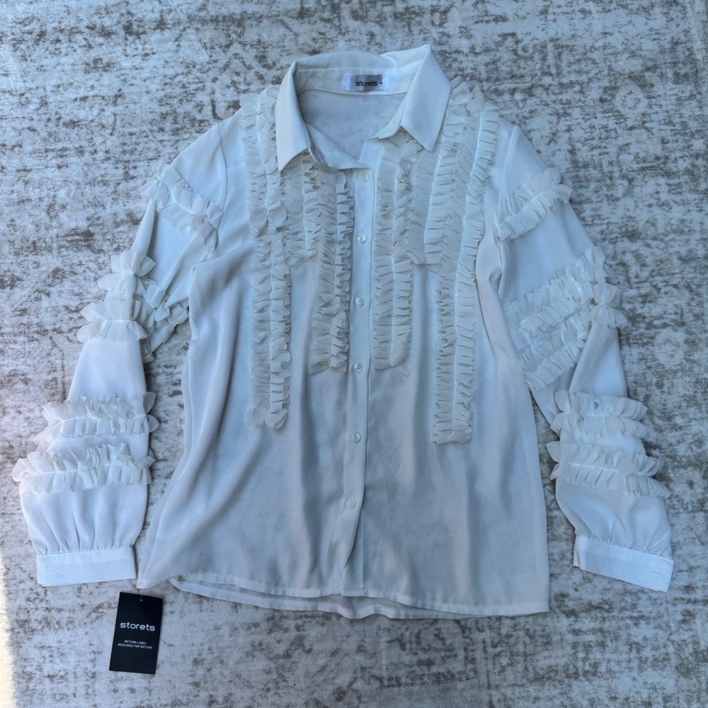 Storets Amanda Ruffle Blouse Ivory Small NWT Button‎ Down Puffy Sleeve Tiered S